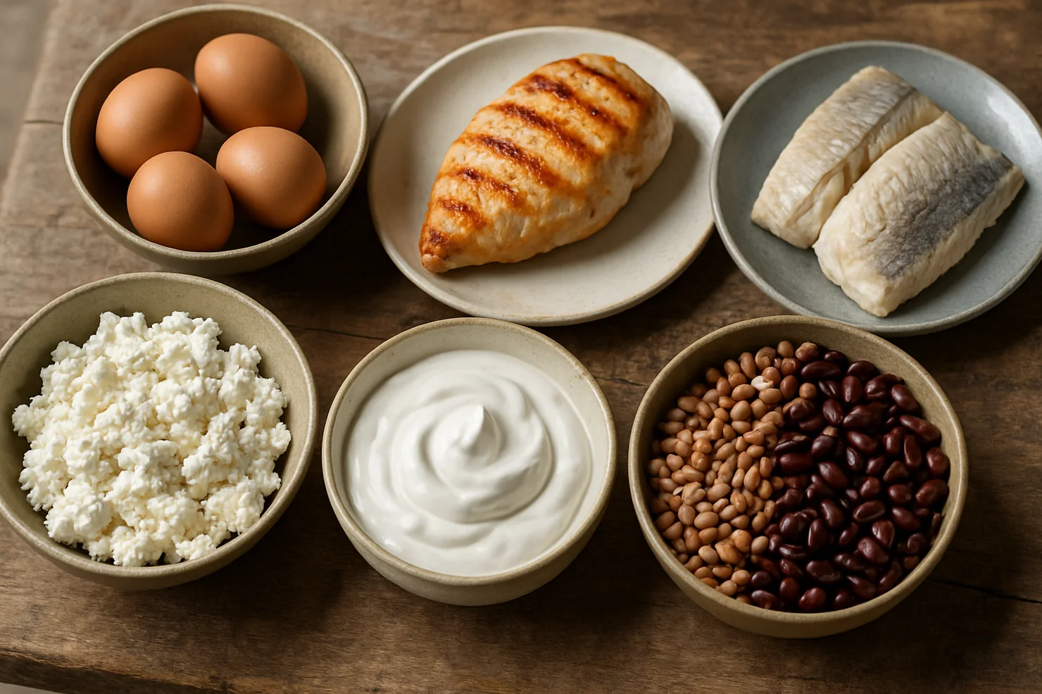 Продукты богатые белком: творог, куриная грудка, яйца, рыба на столе