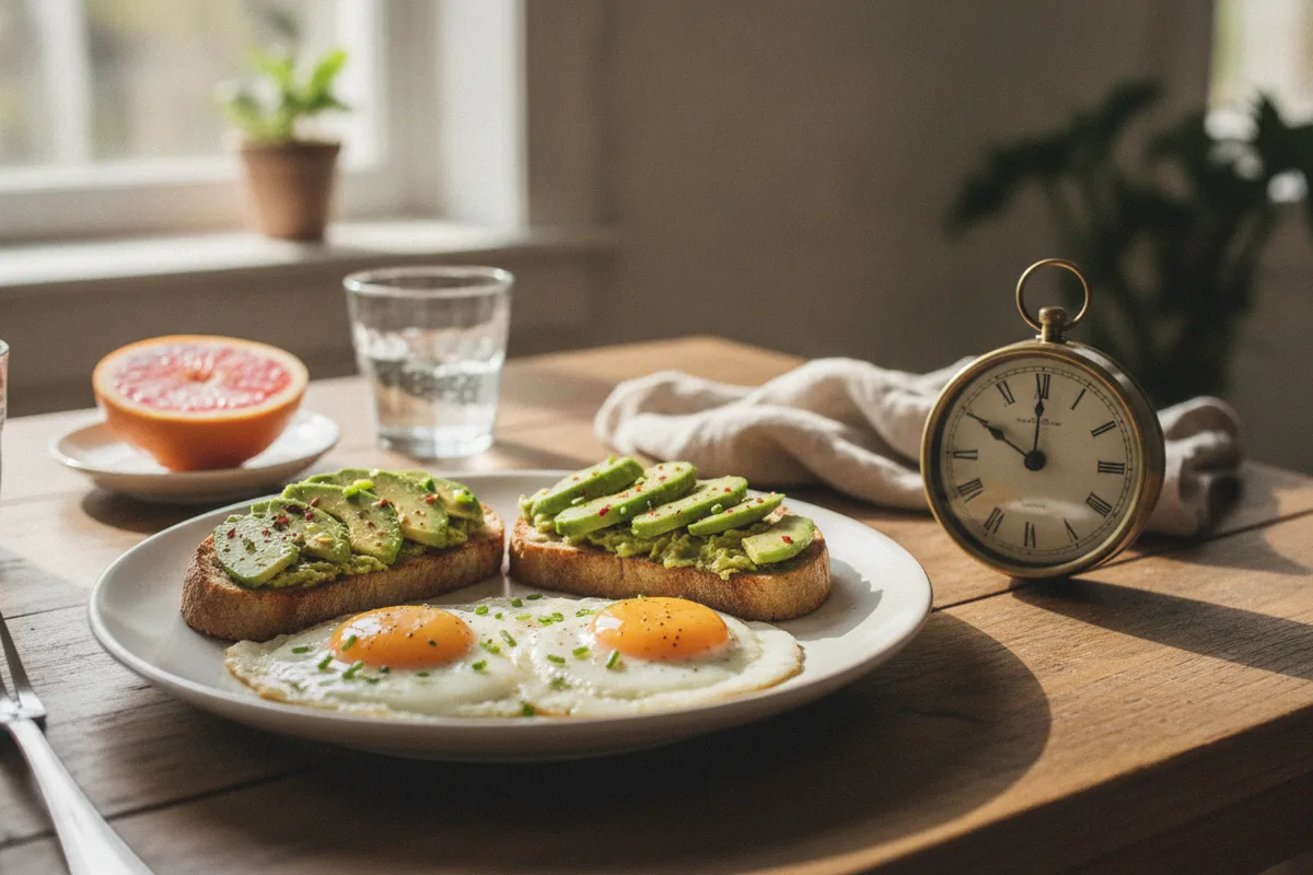 Тарелка с завтраком и часы на столе рядом — выбор времени первого приёма пищи