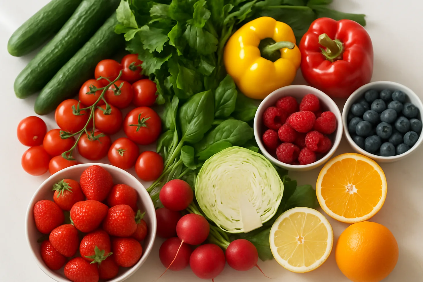 Низкокалорийные продукты: овощи, зелень, творог и куриная грудка на столе