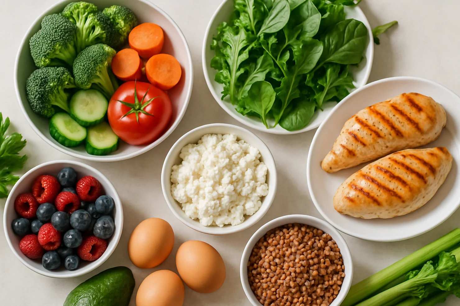 Список продуктов для похудения на столе: овощи, белковая еда, крупы