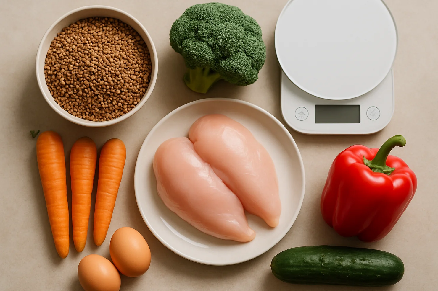 Таблица калорийности продуктов и тарелка с едой на кухонном столе