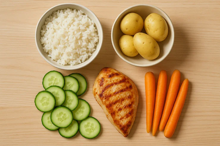 Овощи и продукты с низким содержанием FODMAP — рис, морковь, огурцы, кабачки на кухонном столе